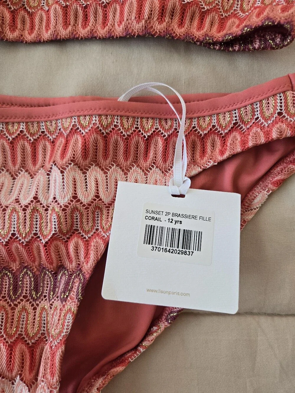 Lison Paris Sunset Coral Two-Piece Swimsuit Bikini Zig Zag Pattern Girls 12 Yrs